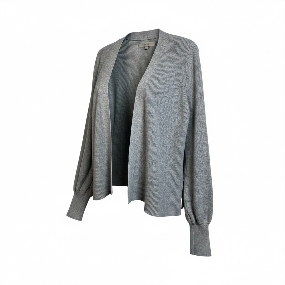 Loft Womens Heather‎ Gray Ribbed Open Front Cardigan Balloon Sleeve Cotton Small